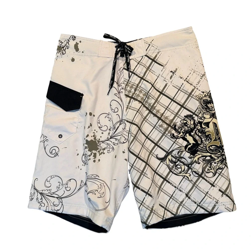 Maui and Sons Board Shorts Mens 32 White Graphic Plaid Mesh Lined Swim Trunks